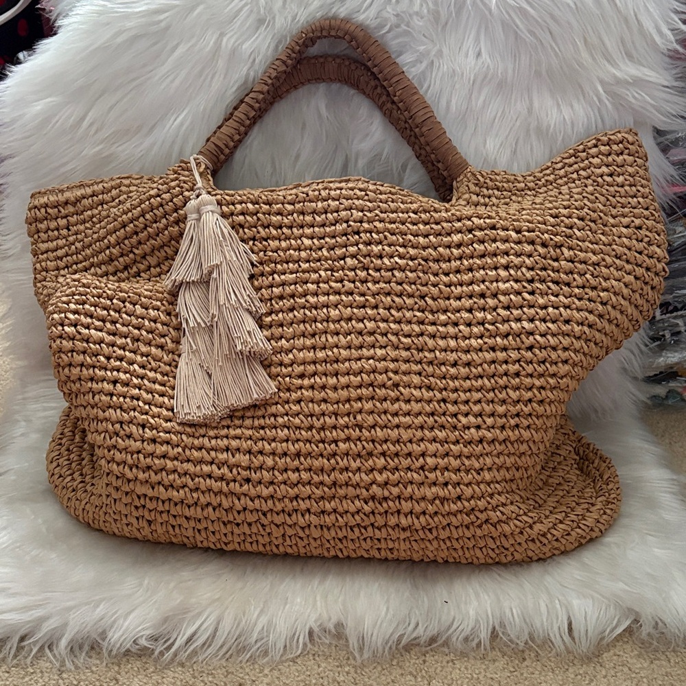 Fallon & Royce Tan Straw Tote Bag with Tassel- XL